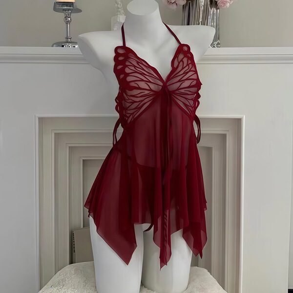 Red sheer mesh sleep dress with butterfly neck strap and backless lace design for women.