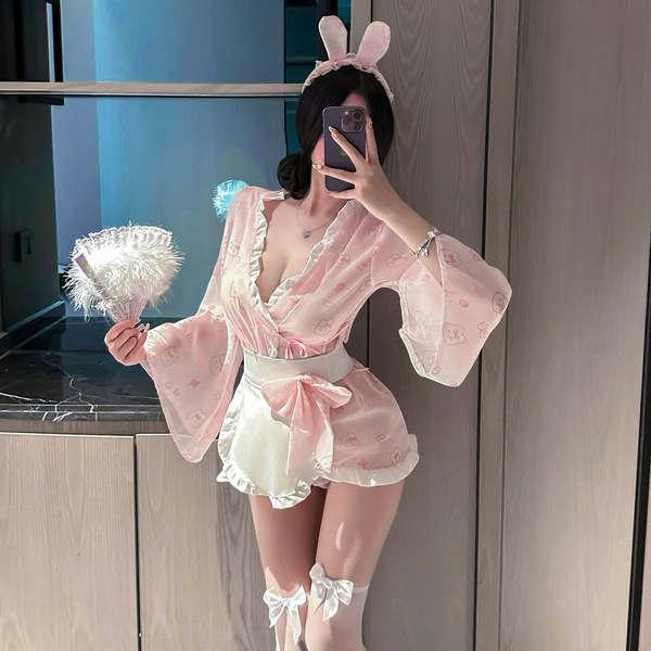 Sexy backless sleep dress featuring kawaii design, bunny ears, floral print, bow accents, and sheer fabric for sensual nightw...