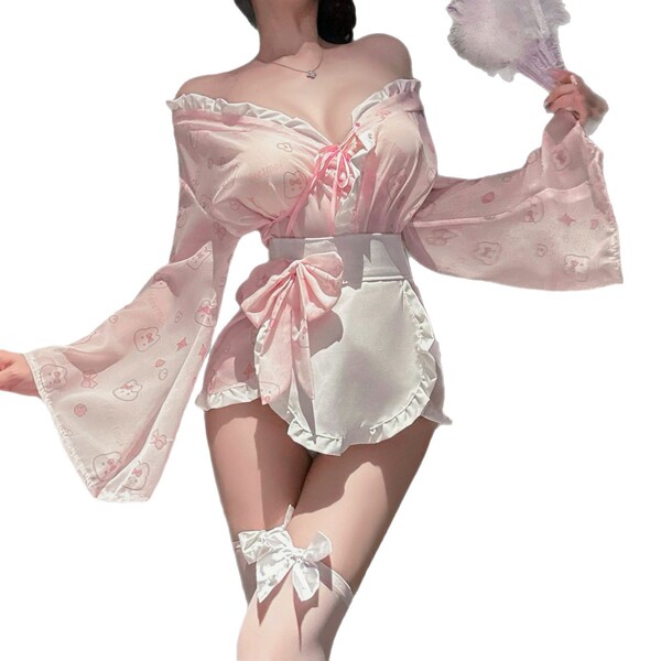 Sexy backless sleep dress featuring kawaii japanese-inspired design with floral print, bow accents, and soft fabric for sensu...