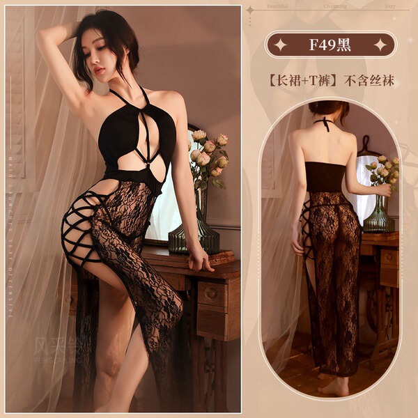 Lace Bodysuit Sleepwear Set - Sheer Sexy Split Long Dress & Cheongsam-Inspired Lace Nightgown - Sexy black + thong + black stockings