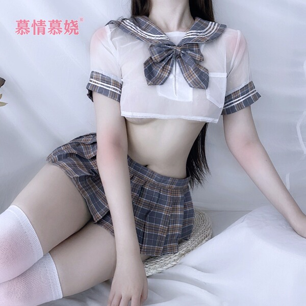 Sexy plaid sailor-style two-piece outfit with bowknot, featuring a cropped top and short skirt for adult role play.