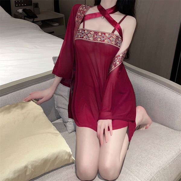 Sexy chinese-inspired sheer mesh red hanfu-style corset dress with overlay top, elegant design, perfect for evening wear.