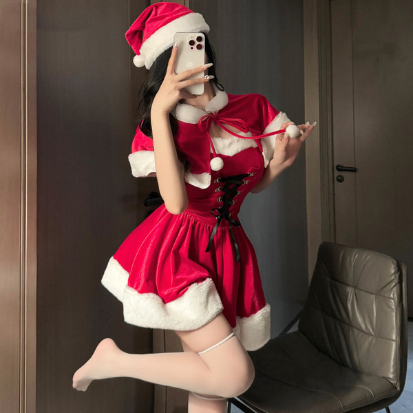 Sexy christmas costume outfit - festive holiday cosplay & anime-themed lingerie performance dress featuring santa hat and red...