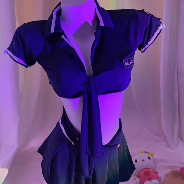 Sexy blue flight attendant costume set with tied shirt and pleated skirt, perfect for role play and intimate nights.