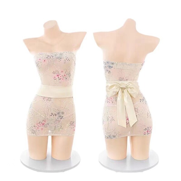 Sexy kimono-style lace bralette set - embroidered sheer bodysuit with high-waisted pencil skirt