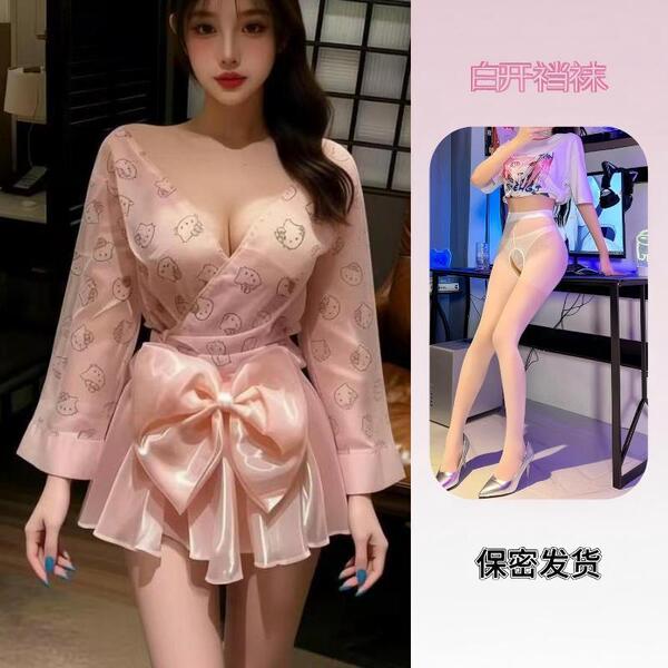 Sexy Backless Sleep Dress - Kawaii Japanese-Inspired Lingerie with Bow & Floral Print, Pure-Yet-Seductive Nightwear - Sexy kimono + white open-crotch stockings