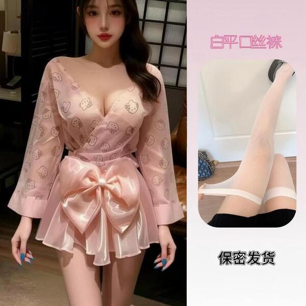 Sexy Backless Sleep Dress - Kawaii Japanese-Inspired Lingerie with Bow & Floral Print, Pure-Yet-Seductive Nightwear - Sexy kimono + white flat socks
