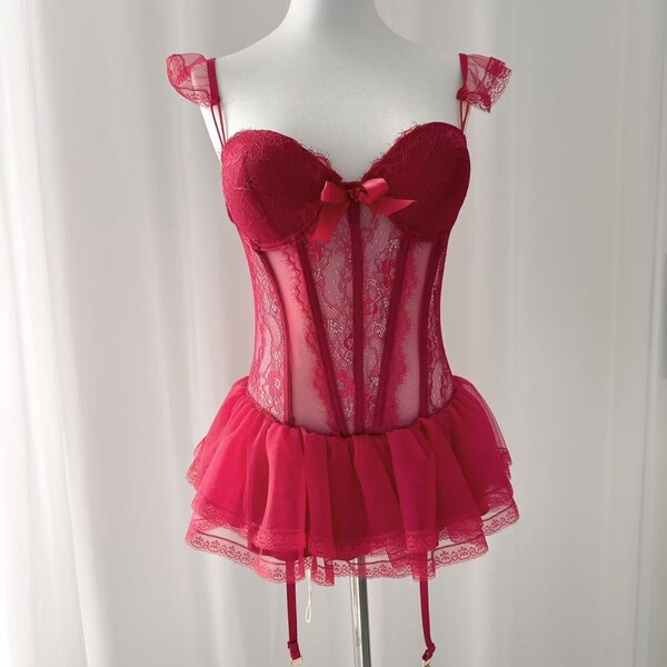 Sexy lace bralette sleep set featuring underwire and puff skirt, french-inspired design with delicate lace details.