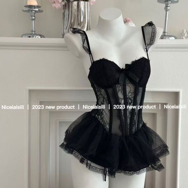 Sexy lace bralette sleep set featuring underwire and puff skirt, french-inspired design, delicate lace details.