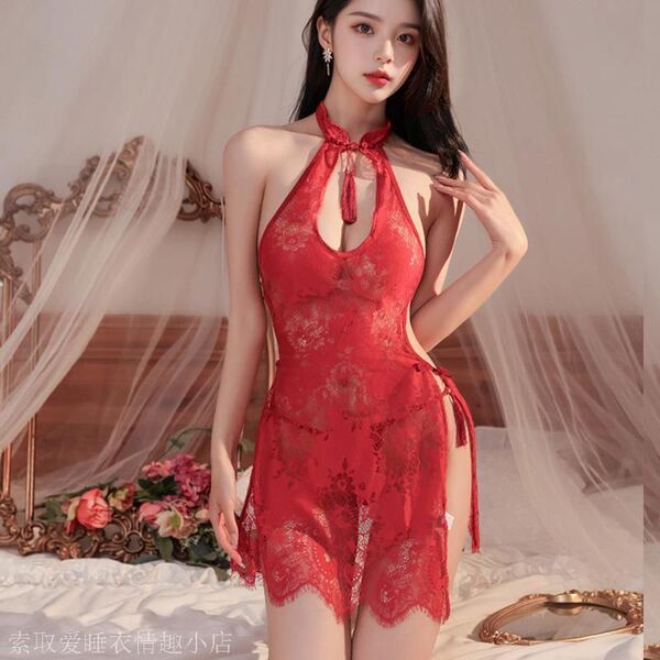 Woman wearing red lace cheongsam lingerie with sheer cutout design, featuring halter neck and side ties, styled as seductive ...