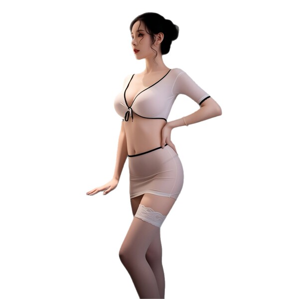 Sexy lace crop top and skirt set with open-crotch design, perfect for womens sleepwear outfits.