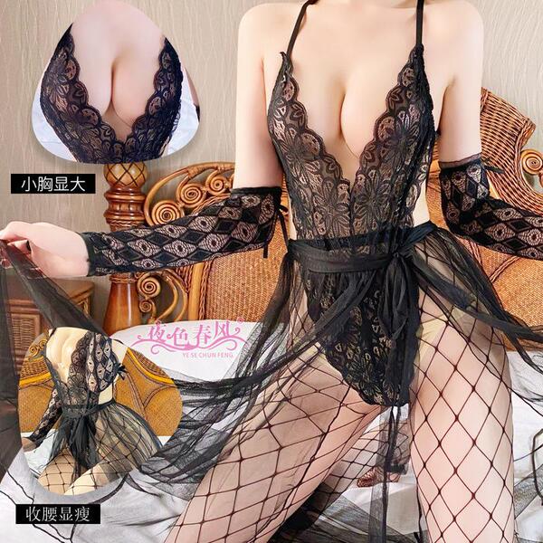 Sexy lace deep v sleep set - sheer mesh nightgown & matching bralette for date night or nightclub wear, featuring lace detail...