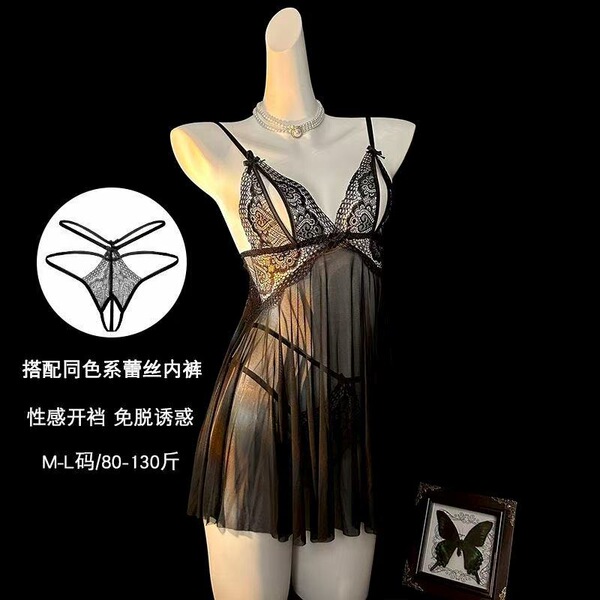 Sheer black lace lingerie sleep dress with open-crotch design, plus size tempting nightgown for women, displayed on mannequin...