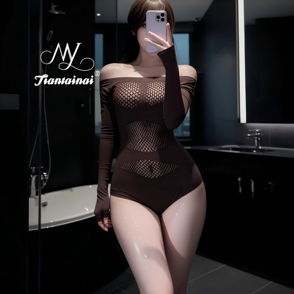 Woman in bathroom mirror selfie wearing sexy lace mesh lingerie set - plus size sheer see-through bodysuit with cut-out detai...