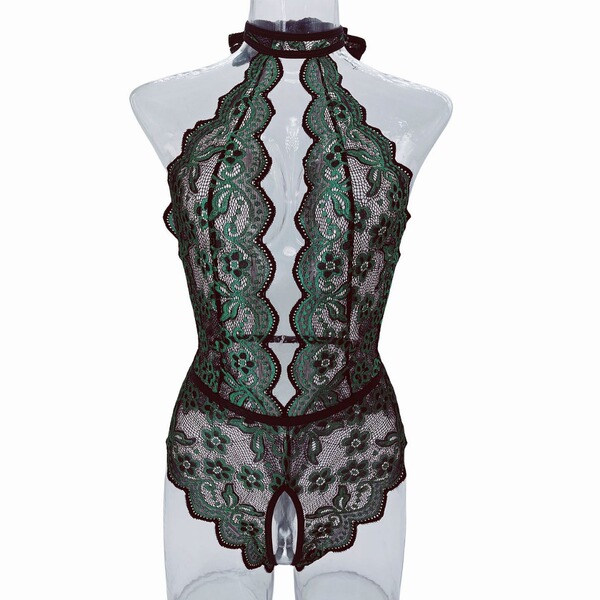 Sexy lace see-through lingerie set featuring deep v open cup hookless bra and crotchless bodysuit for women.
