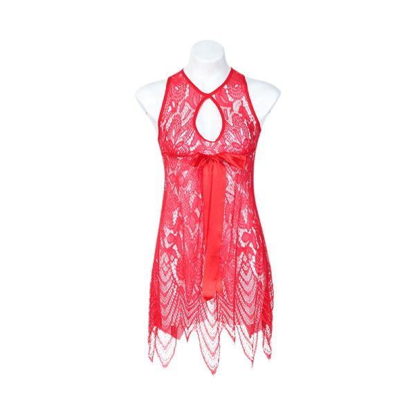 Red lace sheer sleepwear nightgown with elegant cutouts and backless design for women.