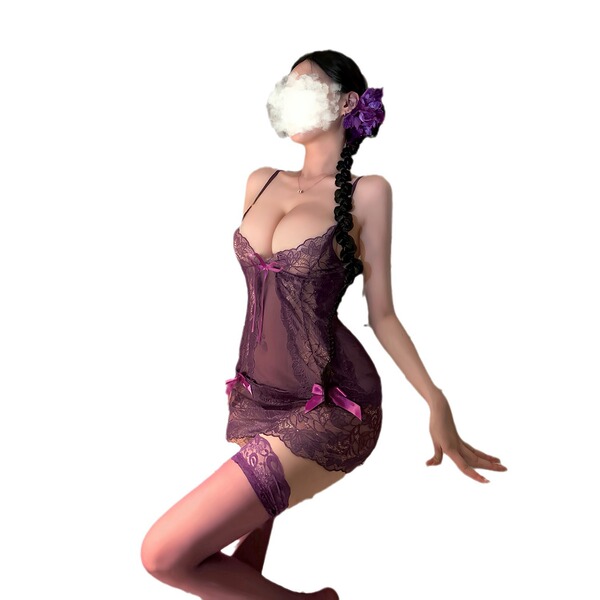 Sexy lace sleep set for women featuring sheer transparent design, perfect for seductive nightgowns with playful allure.