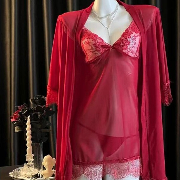 Red sheer lace sleepwear set with cami, shorts, and robe on mannequin – seductive summer lounge outfit for women.