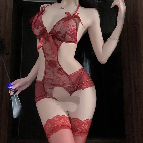 Woman wearing red sheer mesh bodysuit with open crotch, lace trim, and bow details — sexy lingerie for small bust.