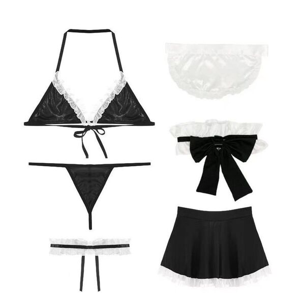 Sexy black and white maid lingerie set with halter neck top, bow accents, lace trim panties, garter, and short skirt for wome...