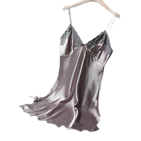 Elegant gray lace cami sleepwear with satin finish, perfect for womens lingerie collections. dropshipping ready.