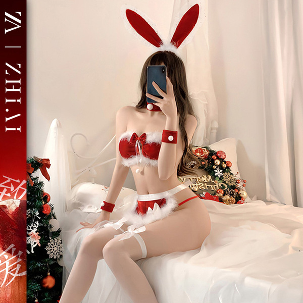 Sexy maid christmas costume for women - cute bunny girl lingerie set, naughty holiday outfit with bow & tail