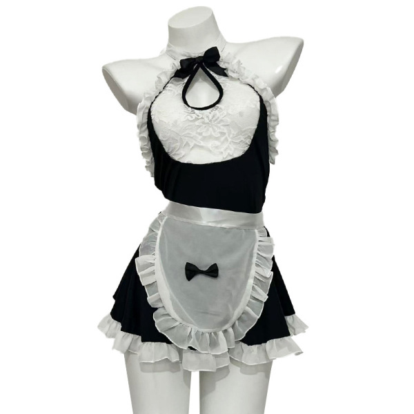 Black and white maid costume lingerie set with lace trim, bow details, and apron for seductive role play and bedroom fun.