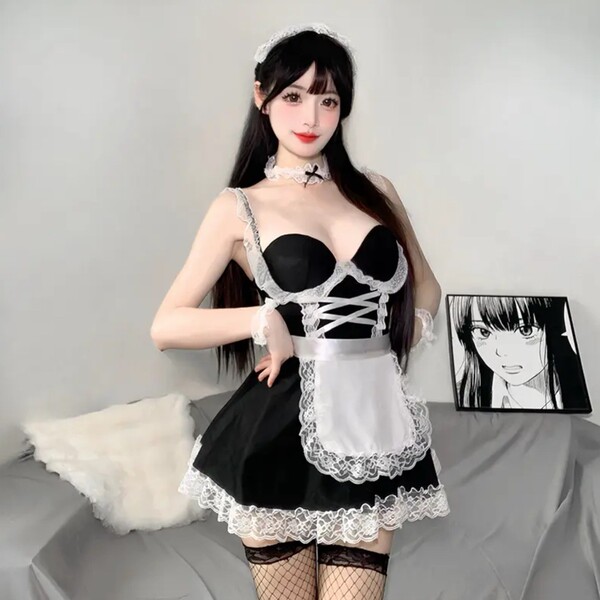 Sexy maid costume set for women featuring lace push-up corset, steel boning, and cute apron design perfect for cosplay outfit...