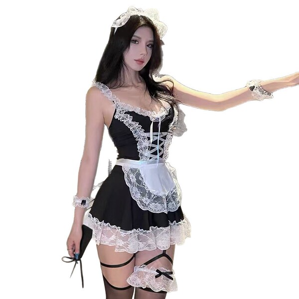 Sexy maid costume for women - lace mesh backless role play outfit, tight-fitting european style uniform with white apron and ...