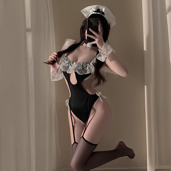 Sexy maid costume for women featuring a lacy pure bodysuit with no-remove design, perfect for bold cosplay outfits.