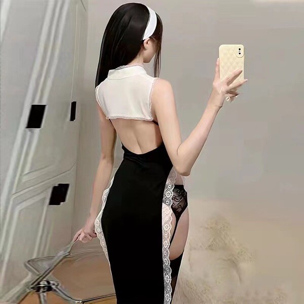 Sexy nun costume set featuring lacy design with high slit and cutout back, perfect for cosplay and intimate nights.