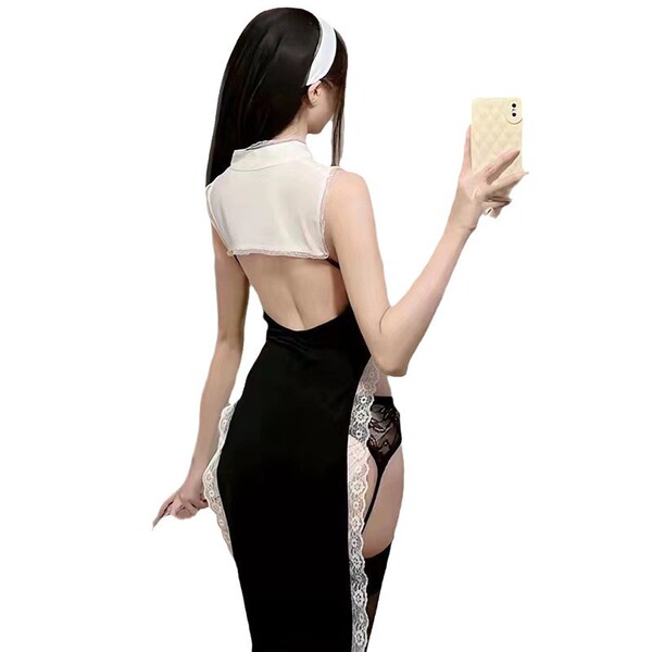 Sexy nun costume set featuring lacy design with high slit and cutout back, perfect for cosplay and intimate nights.