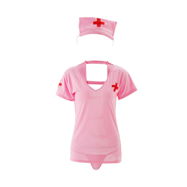 Pink nurse costume set with backless design, red crosses, and matching hat for role play and adult fun.