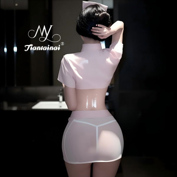 Woman wearing pink nurse costume set with lace tie-up bodycon skirt and seductive sleepwear, viewed from behind in a dimly li...