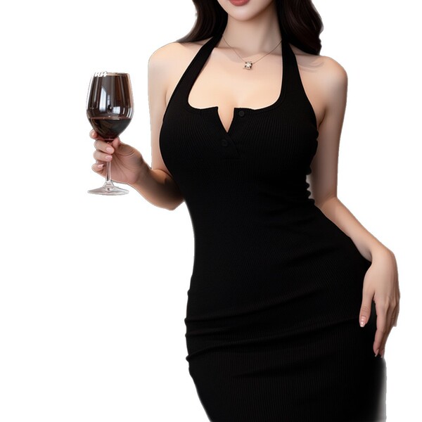 Elegant black halter neck dress with deep scoop neckline, perfect for evening events. slim fit design enhances figure, ideal ...