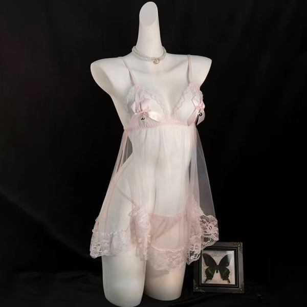 Sheer mesh cami bodysuit with butterfly cutouts and floral lace trim, displayed on a mannequin with pearl necklace.