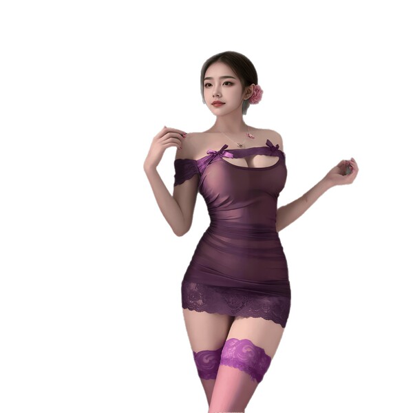 Sexy purple lace bodycon mini dress with sheer mesh and ruched design, perfect for a seductive nightclub look.