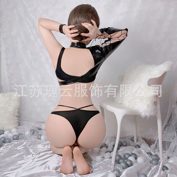 Sexy pvc leather biker sleepwear set - revealing chest lingerie outfit, no-remove temptation costume for women