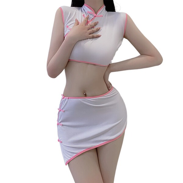 Sexy qipao lingerie set - hot hip-hugging short panty two-piece bedroom play outfit for women, featuring a stylish white desi...