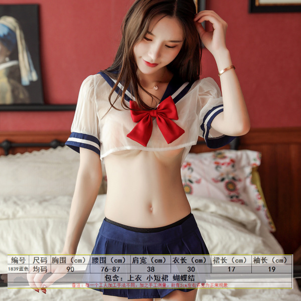 Woman wearing a sexy schoolgirl costume set with a plaid skirt and bow, perfect for parties and cosplay.