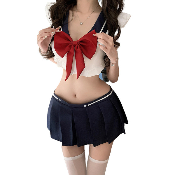 Sexy schoolgirl costume set featuring a short navy skirt, sailor-style top with a large red bow, perfect for adults seeking a...
