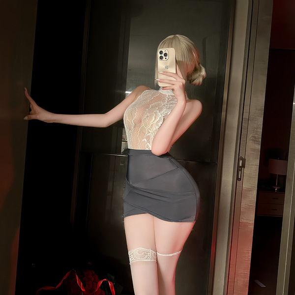 Starry Night Seductive Lingerie Set - Pure & Tempting Secretary Lace Sleepwear with Sheer Skirt & Bodycon Dress - Sexy secretary outfit + matching stockings