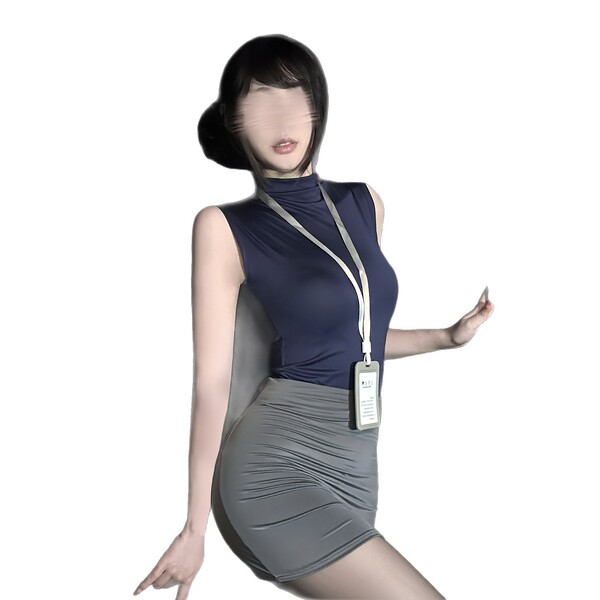 Sexy secretary pencil skirt costume - air hostess uniform style latex-look mini skirt for women, no-remove lingerie set