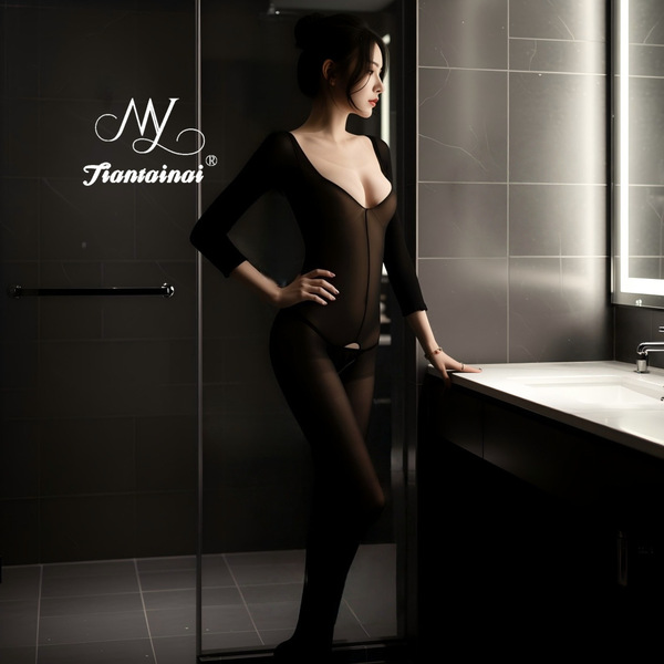 Sexy sheer bodysuit with open crotch design, elegant black transparent lingerie set for women, seductive and erotic costume o...