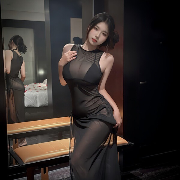 Sexy high-slit beach cover-up dress set featuring sheer fabric, perfect for women seeking stylish swimwear with sun protectio...