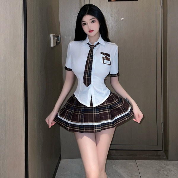 Sexy student uniform lingerie set - features a plaid skirt and tie, perfect for adults seeking a playful schoolgirl look.