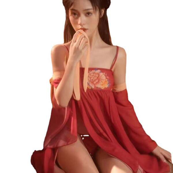 Sexy tang dynasty sleepwear set featuring a sheer silk robe with floral design, perfect for belly dance-inspired elegance.