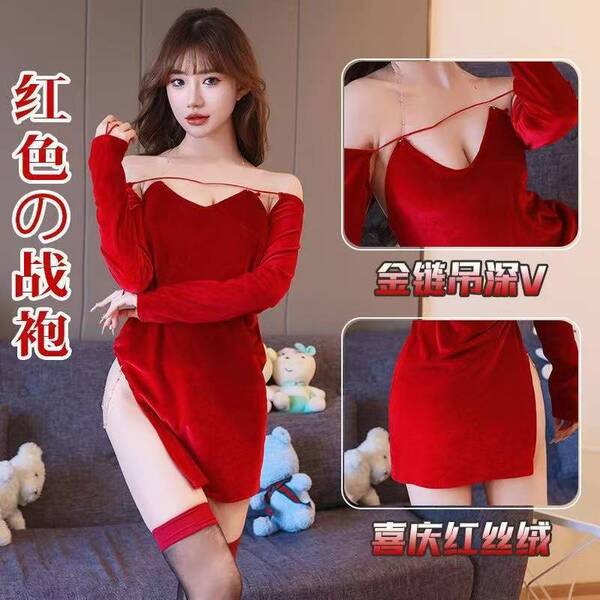 Sexy new year christmas costume lingerie velvet nightgown role play outfit set, red velvet dress with deep v-neckline and sex...