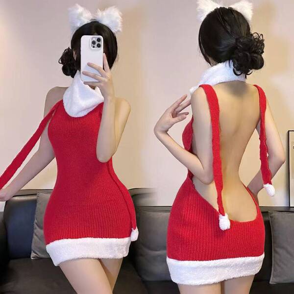 Sexy new year christmas costume lingerie velvet nightgown role play outfit set featuring festive red and white design with bu...
