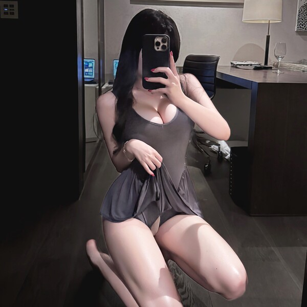 Sexy zip-front open-crotch dress, playful cute lingerie for adults, pure and tempting outfit.